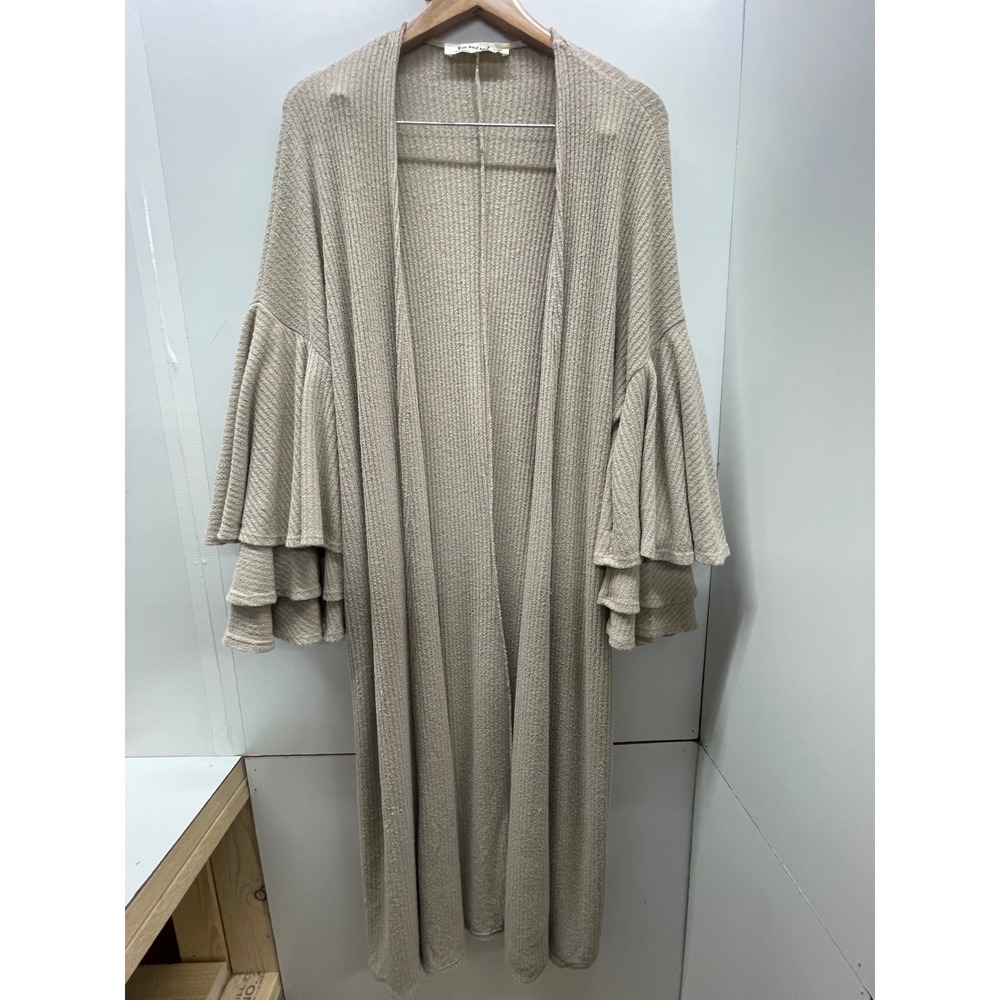 Three Bird Nest Oatmeal Ribbed Duster Cardigan Tiered Bell Sleeve S/M Boho Beige